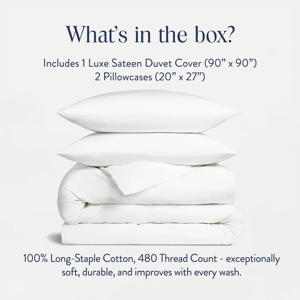 Brooklinen Luxury Sateen Duvet Cover Set - 100% Cotton, Full/Queen Size in White - Includes 1 Duvet Cover and 2 Standard Pillowcases - Best Full/Queen Duvet Covers
