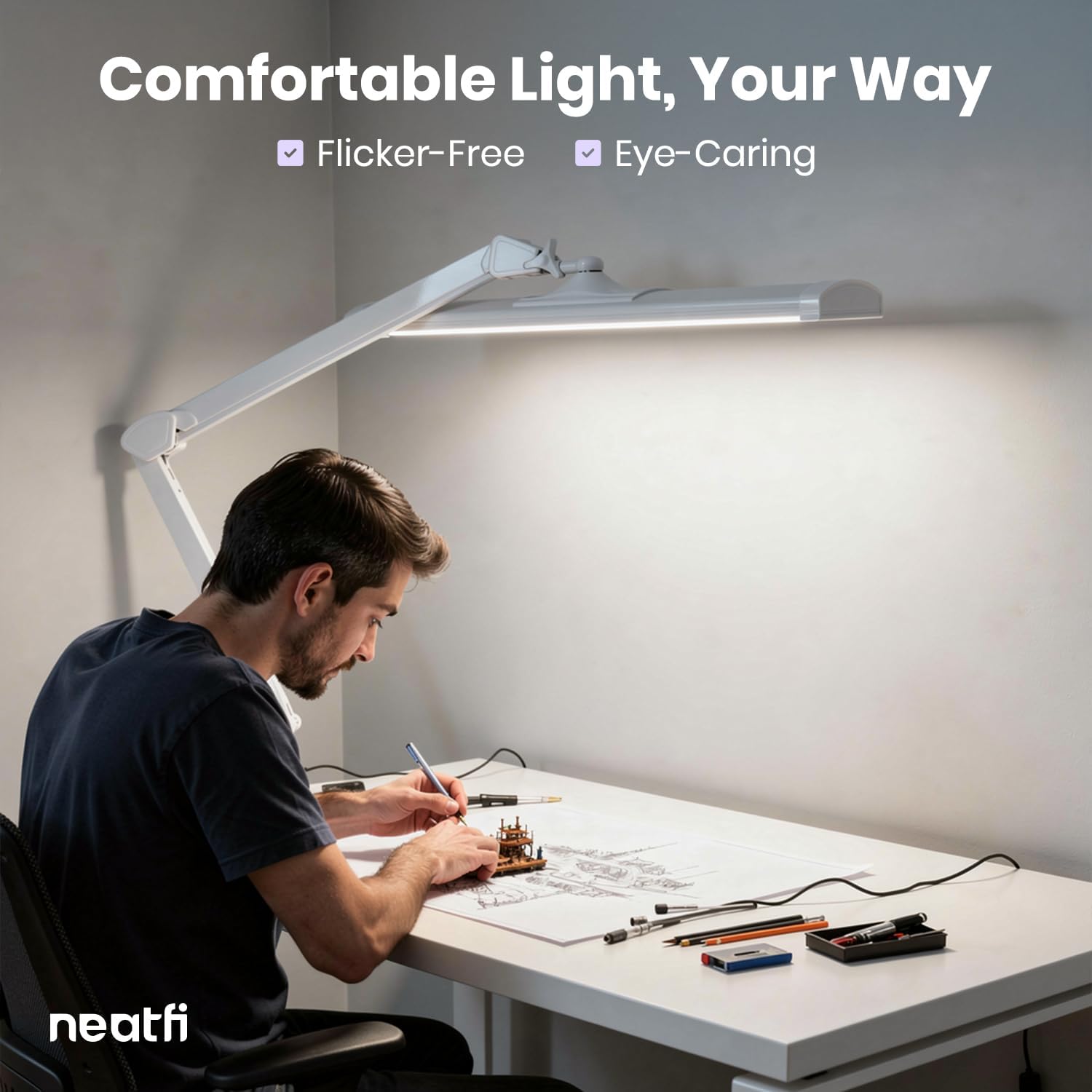 Neatfi 3,500 Lumens LED Desk Lamp – 45W Dimmable Task Light | Adjustable Color Temperature | 3 Light Modes | 540 SMD LEDs | Reading, Craft, Workbench & Office (White-2, 26-Inch Wide Shade)