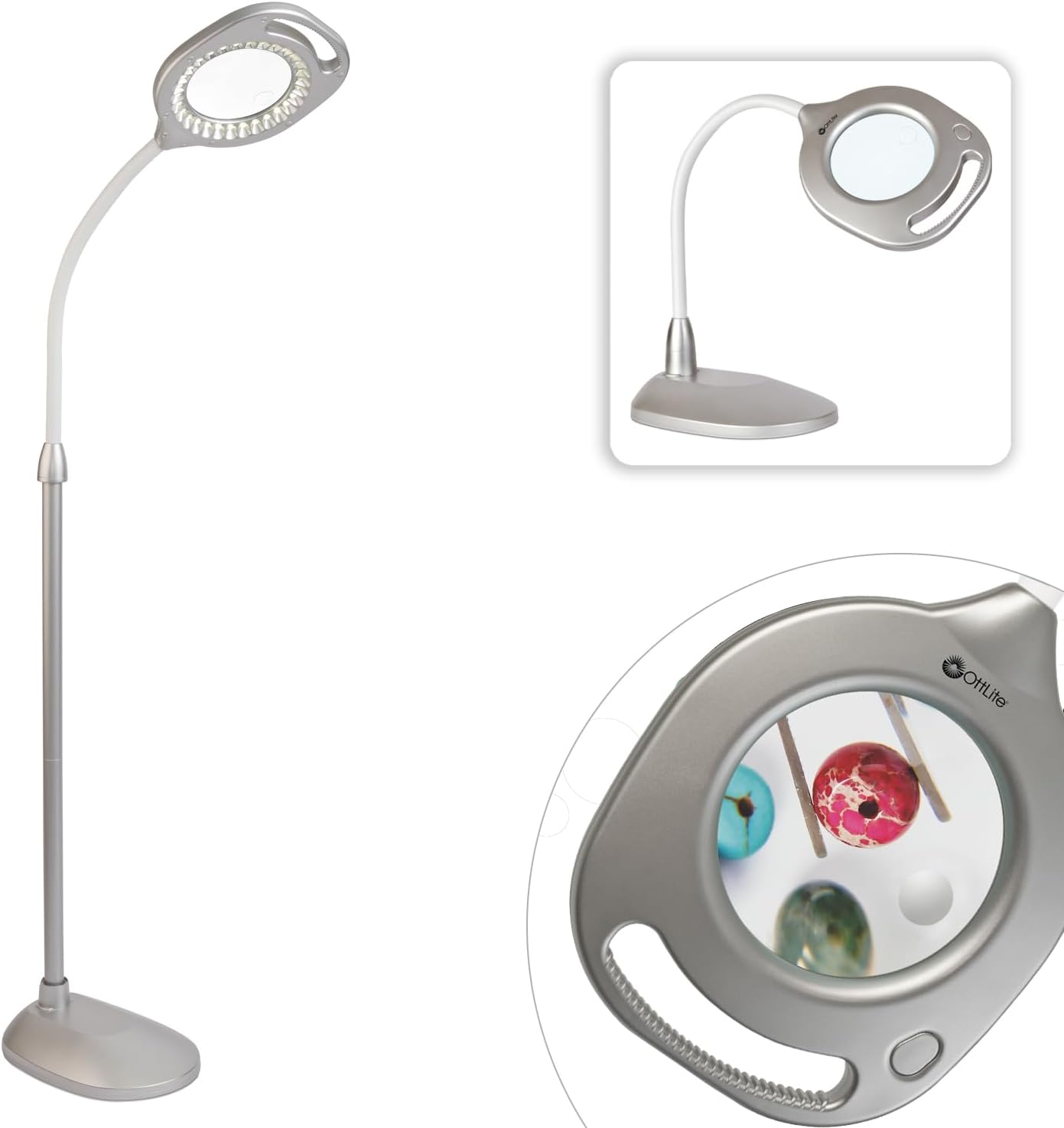 OttLite 2-in-1 LED Magnifier Floor & Table Light, Clearsun, Silver, Retail
