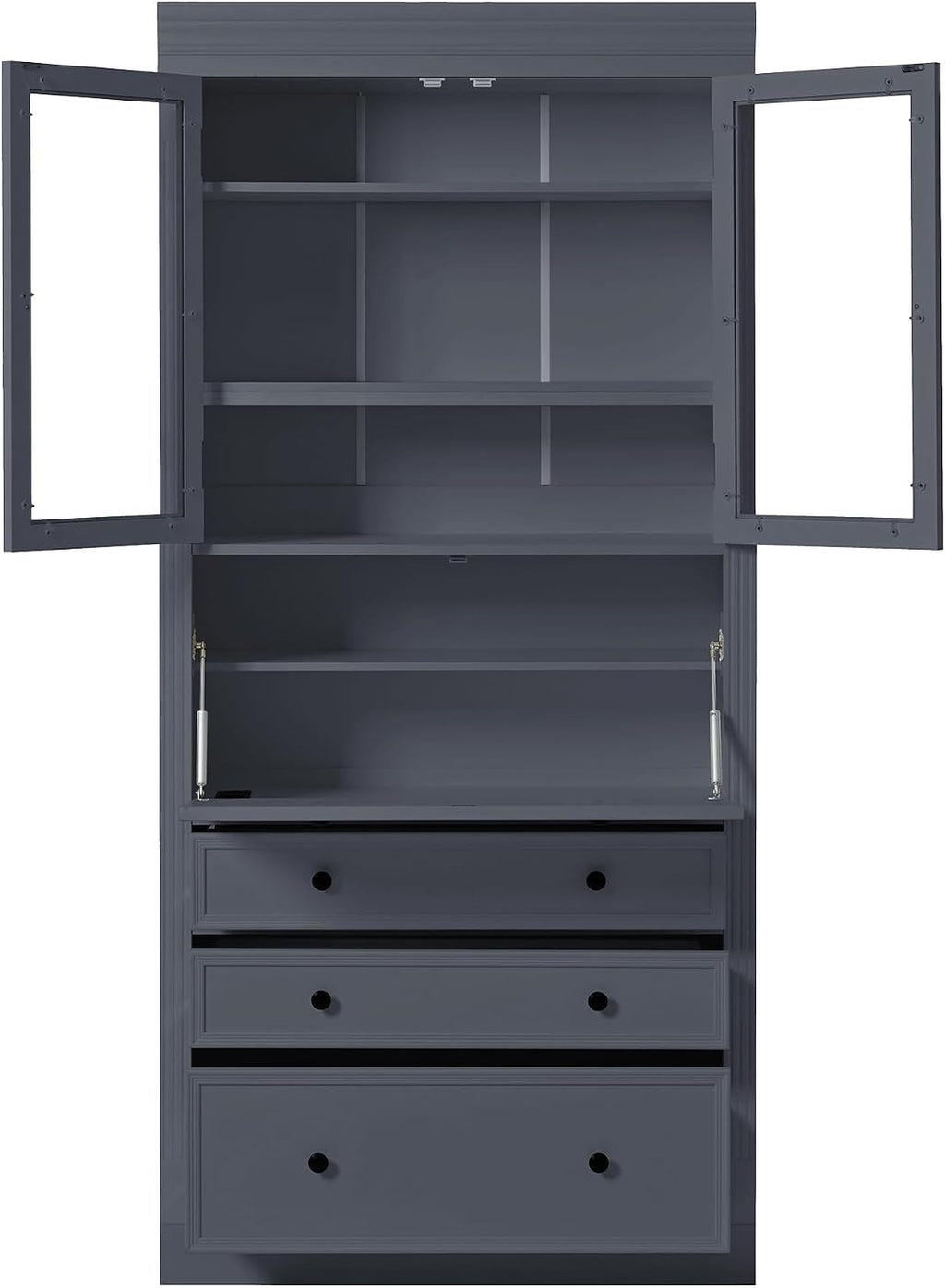 78 inch Tall Kitchen Pantry Cabinet with 3 Drawers and Adjustable Shelves, Wood Storage Cabinet with Drop-Down Surface and Glass Doors for Dining Room and Living Room (Grey//3)