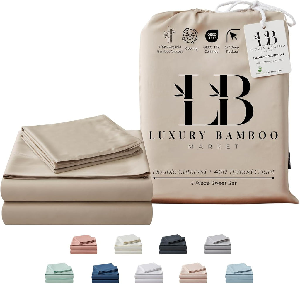 Luxury Bamboo Market | Queen Size Bed Sheet Set | 100% Viscose Made from Bamboo | Organically Grown | Ultra Soft | Cooling Sheets for Hot Sleepers | 17' Deep Pocket [Dune]