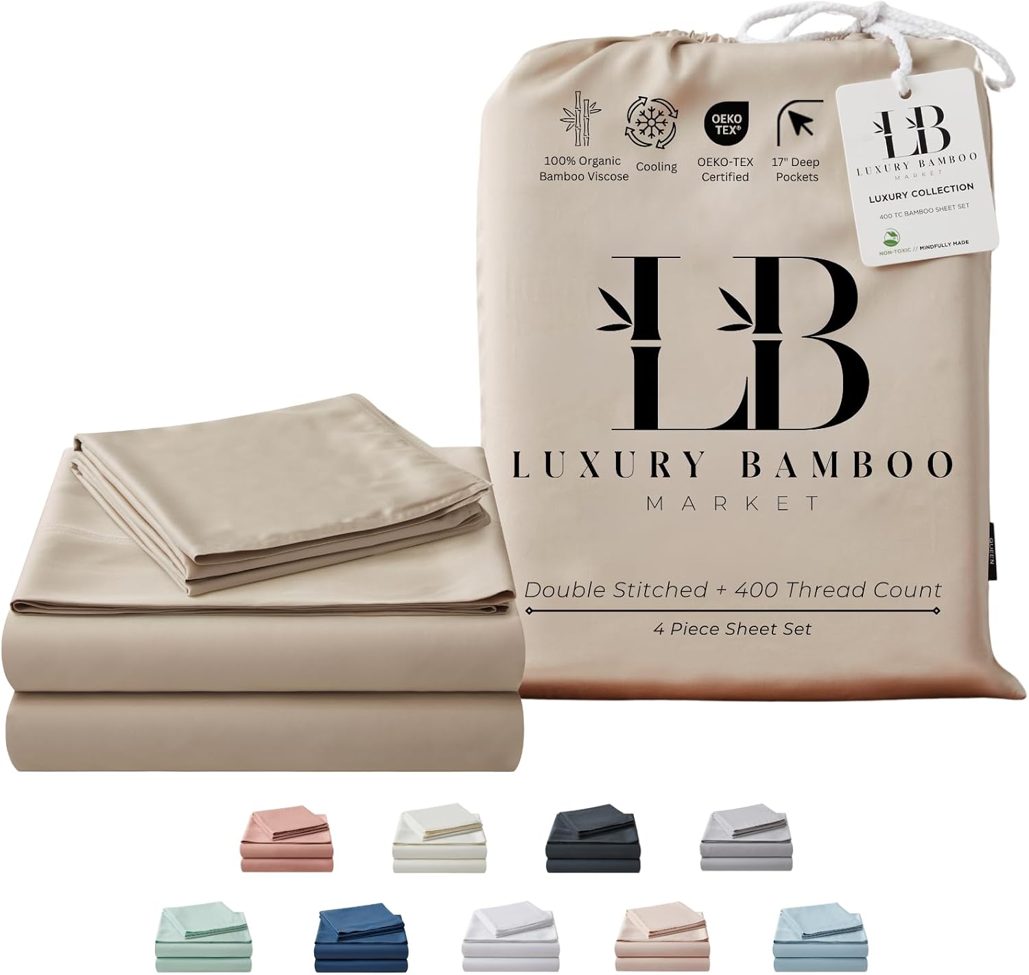 Luxury Bamboo Market | Queen Size Bed Sheet Set | 100% Viscose Made from Bamboo | Organically Grown | Ultra Soft | Cooling Sheets for Hot Sleepers | 17' Deep Pocket [Dune]