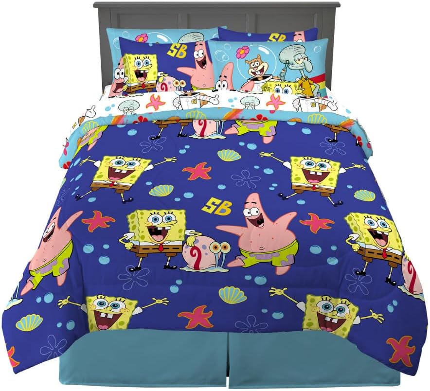 Spongebob Squarepants Kids Bedding Super Soft & Cozy Reversible Microfiber Comforter and Sheet Set with Sham, 7 Piece Queen Size, (Officially Licensed Product) by Franco