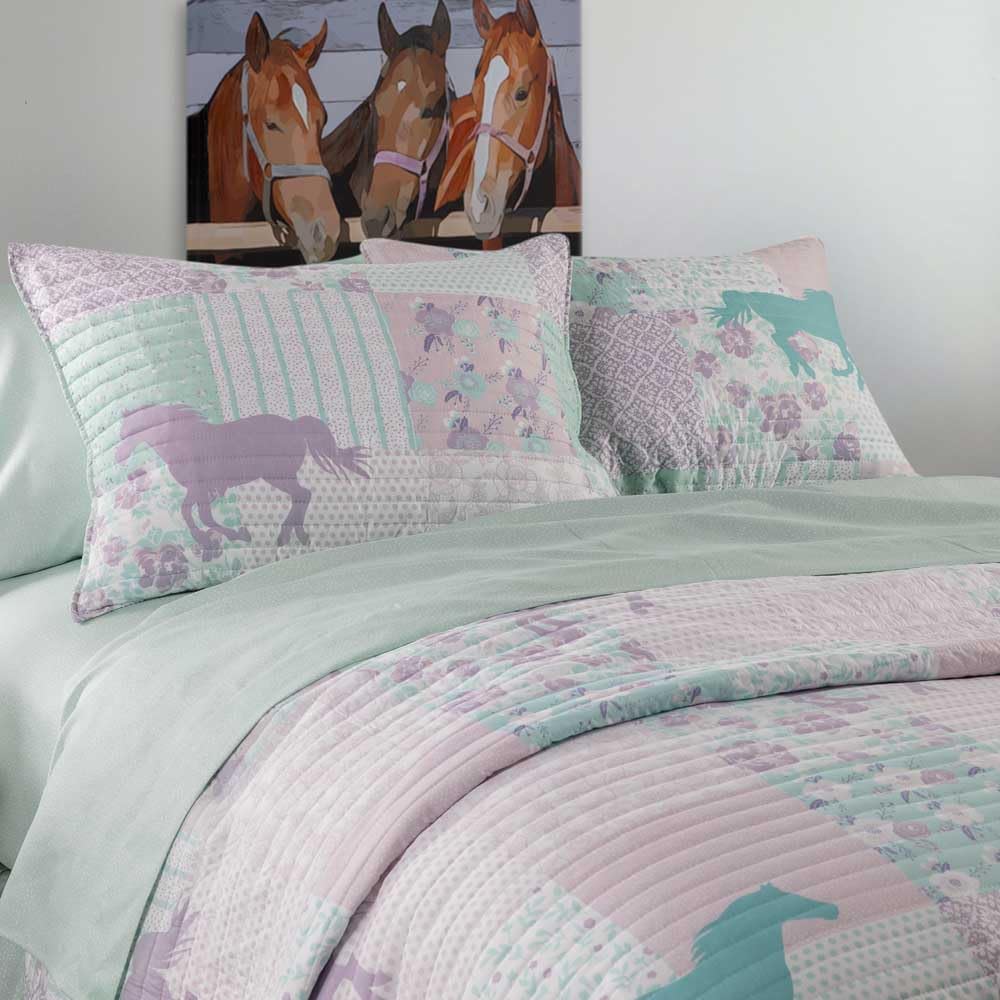 Rod's True Western Cowgirl Princess Pony Patchwork Queen Bed in a Bag – 8 Piece Quilt Bedding Set with Sheets, Shams & Bedskirt, Purple Turquoise Pink