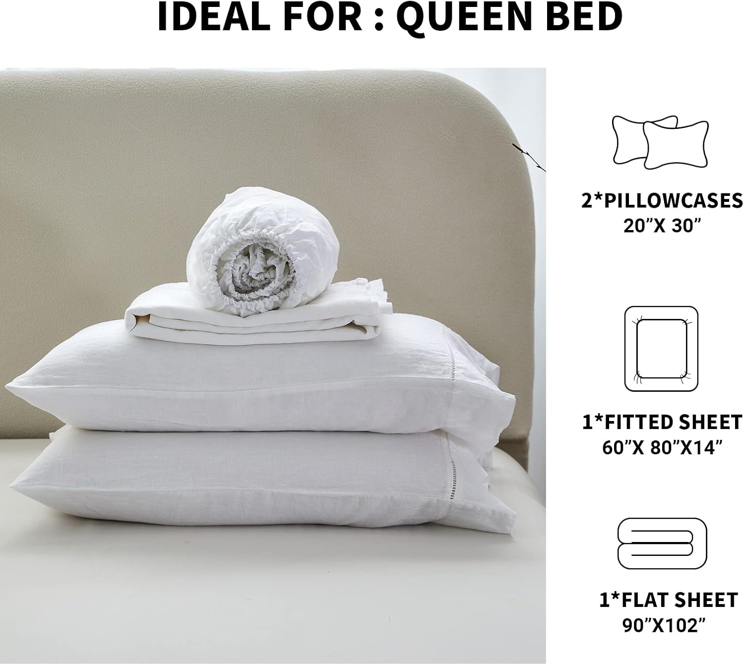 Simple&Opulence 100% Linen Hollow Hemstitch Sheet Set -4 Pieces European Flax Pure Washed Bed Sheets (1 Flat Sheet, 1 Fitted Sheet,2 Pillowcases) -Breathable and Soft (Hemstitch White,Queen)