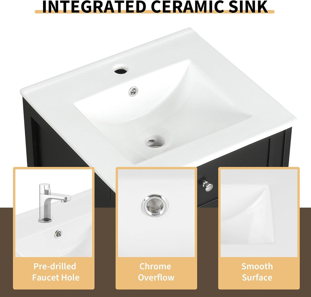 Flieks 20' Bathroom Vanity with Sink, Bathroom Cabinet with Soft Closing Door, Storage Rack and Adjustable Shelve, Black