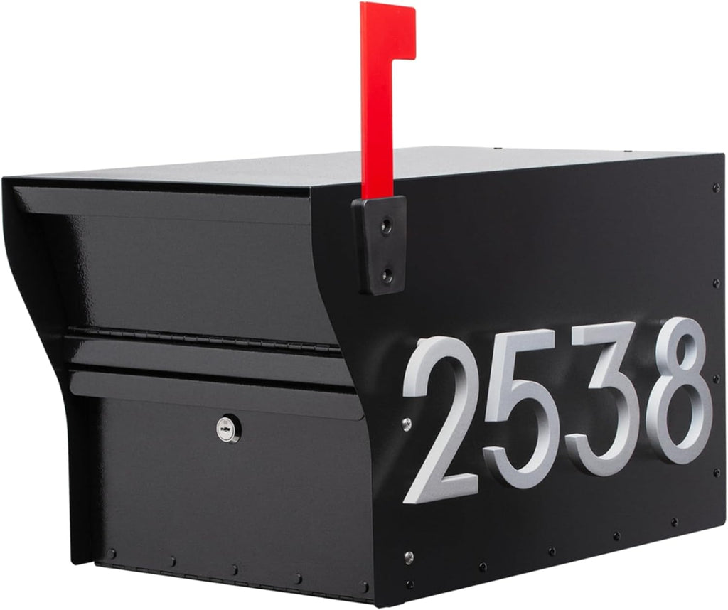 Whitehall MailVault Streetside Locking Mailbox, Personalize with Modern Stand-Off Address Numbers Package – Steel, Secure Weather Resistant Modern Square Mailbox (Black/Silver)