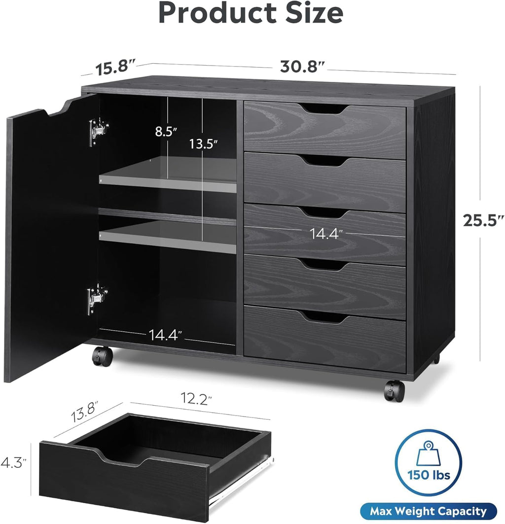 5-Drawer Wood Drawer Cabinet, Office Storage Cabinet with Adjustable Shelf & Wheels, Printer Stand for Home Office, Black, 15.7' D x 30.7' W x 25.4' H