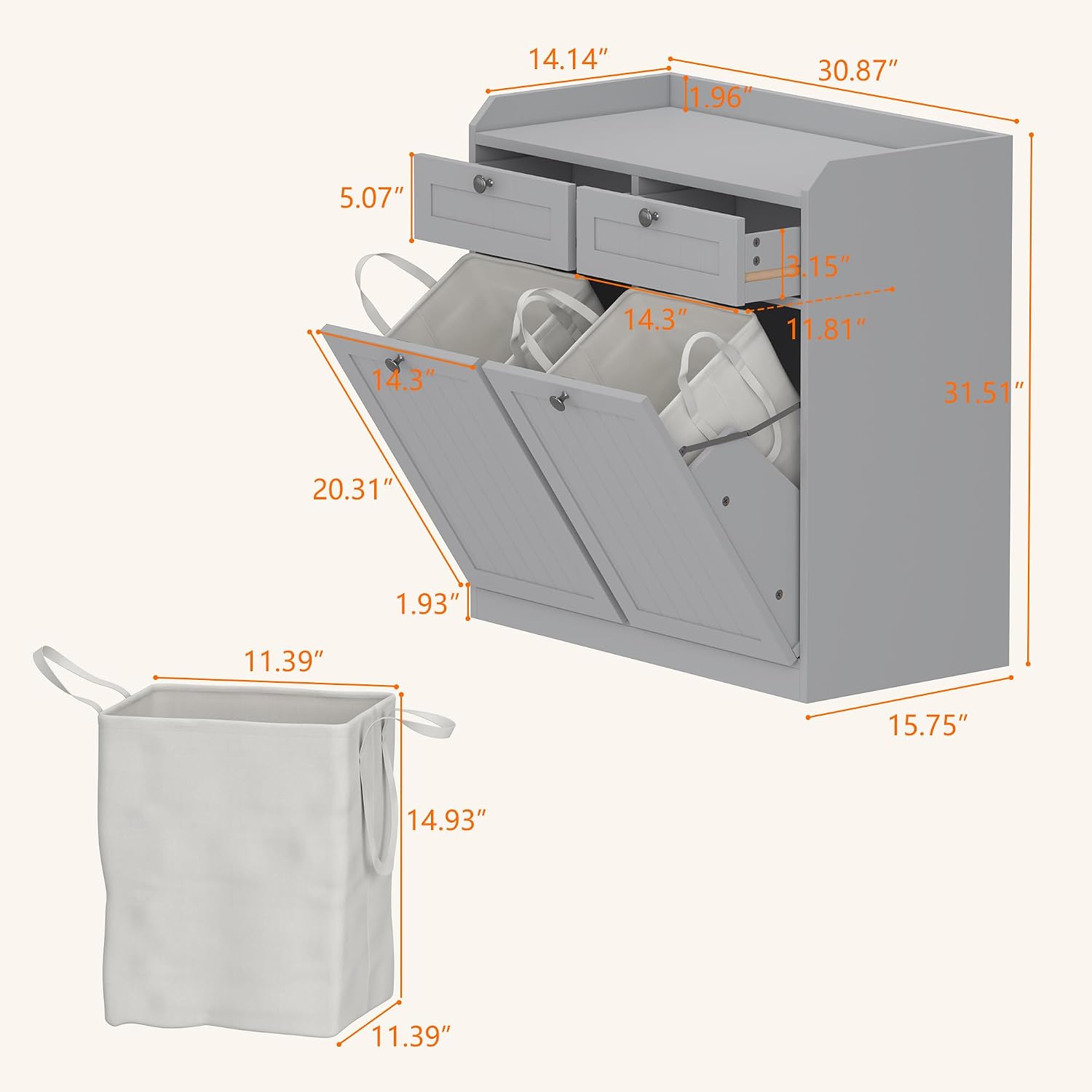 Trash Can Cabinet, 2X 13 Gallons Double Tilt-Out Laundry Hamper Cabinet with Storage Drawer, Hidden Wood Garbage Can Cabinet, Kitchen Dog Proof Trash Bin Cabinet for Bathroom, Kitchen, Grey