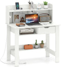 Giantex White Computer Desk with Hutch, Home Office Desk with Power Outlets, USB Ports, Type-C, Storage Shelf & Drawer, Modern Laptop PC Table Computer Workstation, Study Writing Desk for Bedroom