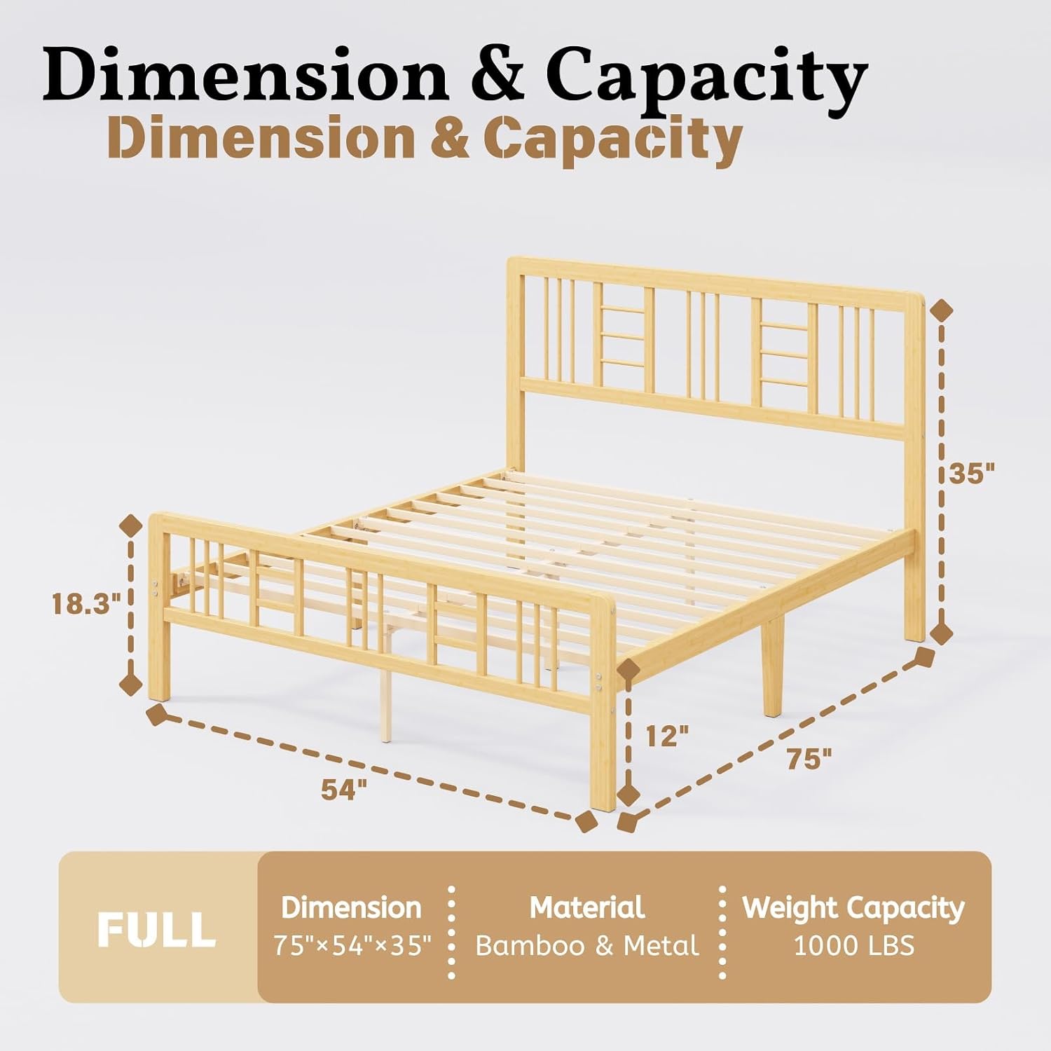 12 Inch Bamboo Wood Full Size Platform Bed Frame with Headboard and Footboard, Metal Slat Support Bed Frame Full Heavy Duty, No Box Spring Needed, Easy Assembly, Noise Free, Reinforced