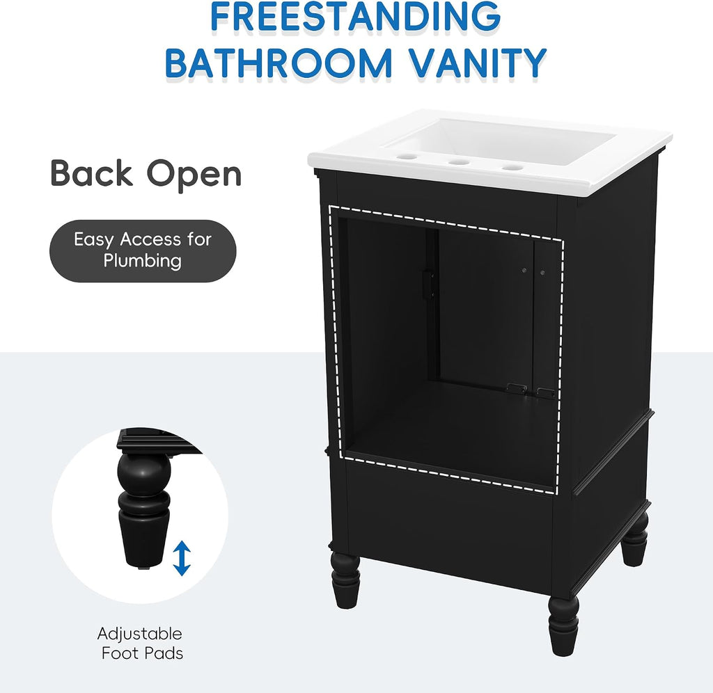 roomfitters 20' Bathroom Vanity with Sink Cabinet with 2 Doors Drawer Adjustable Foot Pads and Magnetic Door Stopper, Black