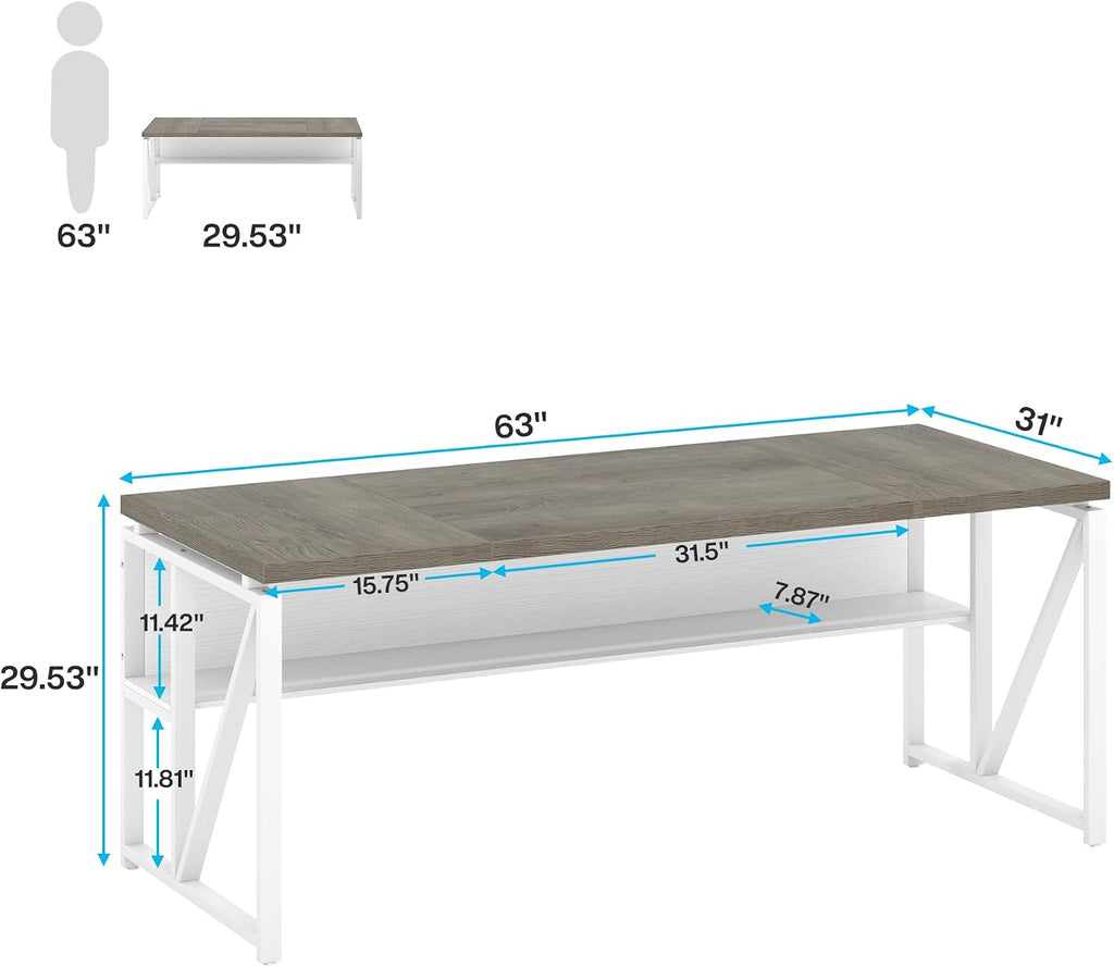Tribesigns 63 inches Computer Desk with Bottom Storage Shelf Home Office Desk Writing Table for Workstation,Dark Walnut + Steel Leg， Cabinet not Included (Dark Oak, 63-inch-with Shelf)