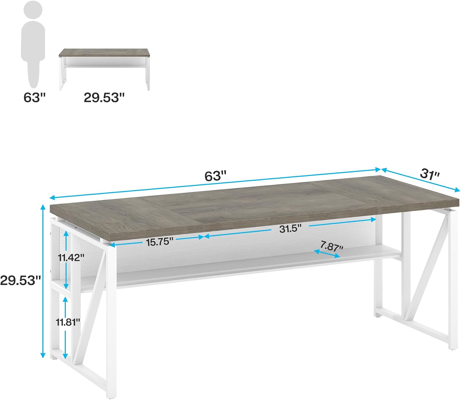 Tribesigns 63 inches Computer Desk with Bottom Storage Shelf Home Office Desk Writing Table for Workstation,Dark Walnut + Steel Leg， Cabinet not Included (Dark Oak, 63-inch-with Shelf)