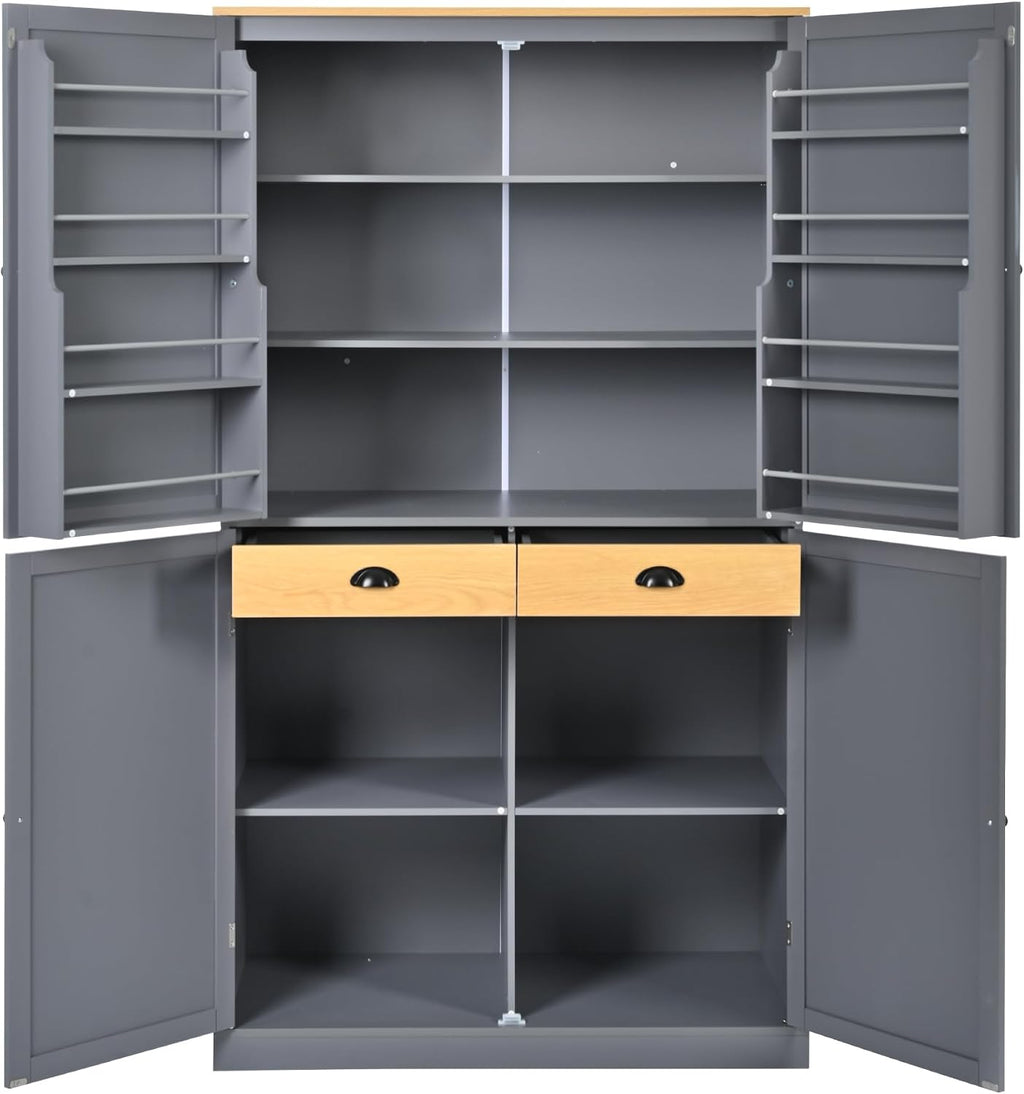 71.3inch Farmhouse Kitchen Pantry, Freestanding Large Cupboard Storage Cabinet with 2 Drawers and 2 Adjustable Shelves, Wood Storage Cabinet with 8 Door Shelves for Kitchen, Dining Room (Gray-2)