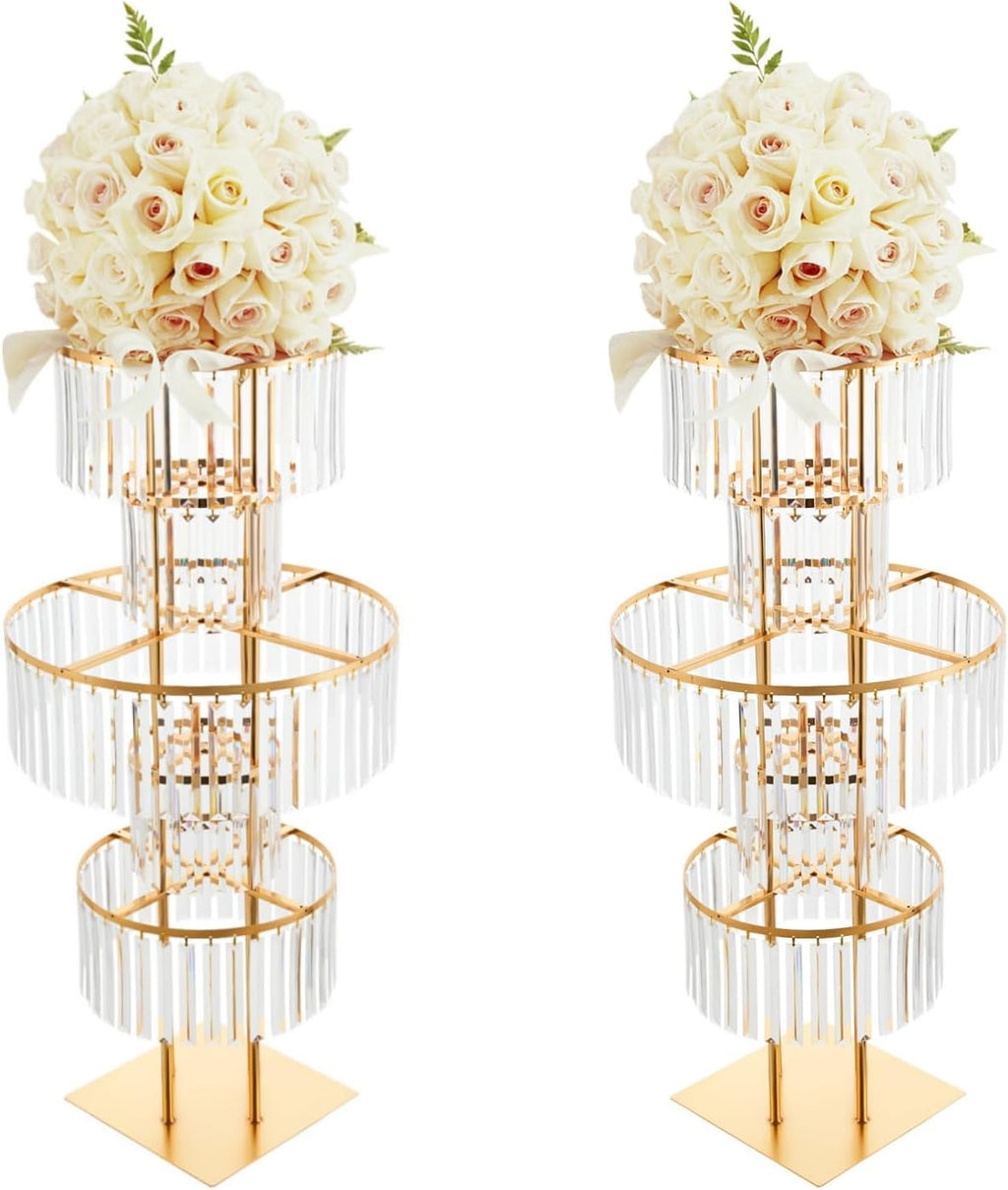 2PCS Wedding Gold Vases Centerpieces, 5 Tier Chandelier Centerpiece, Round Chandelier Pedestal Stand, Crystal Vases for Wedding Reception Birthday
