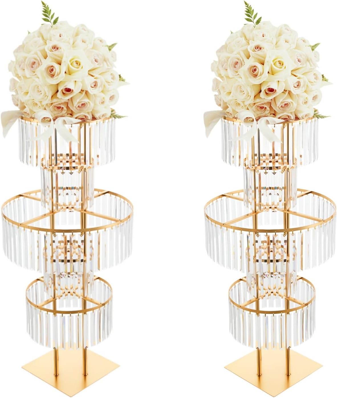 2PCS Wedding Gold Vases Centerpieces, 5 Tier Chandelier Centerpiece, Round Chandelier Pedestal Stand, Crystal Vases for Wedding Reception Birthday