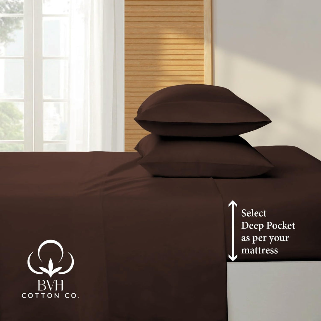 Egyptian Cotton Queen Size Sheet Set, 4-PCs Bed Set, Soft & Breathable Percale Weave, Fits 10-12' Deep Pocket, Hotel-Quality 1000 Series Bed Sheets (Solid, Chocolate)