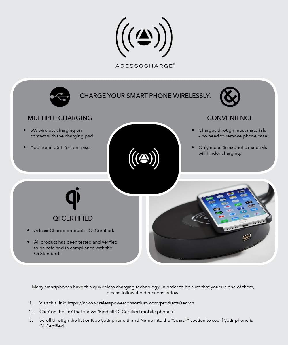 Adesso 4220-01 Aidan LED Desk Lamp Wireless Charging, 7W LED, 5W QI, USB Port, Indoor Lighting Lamps , Black