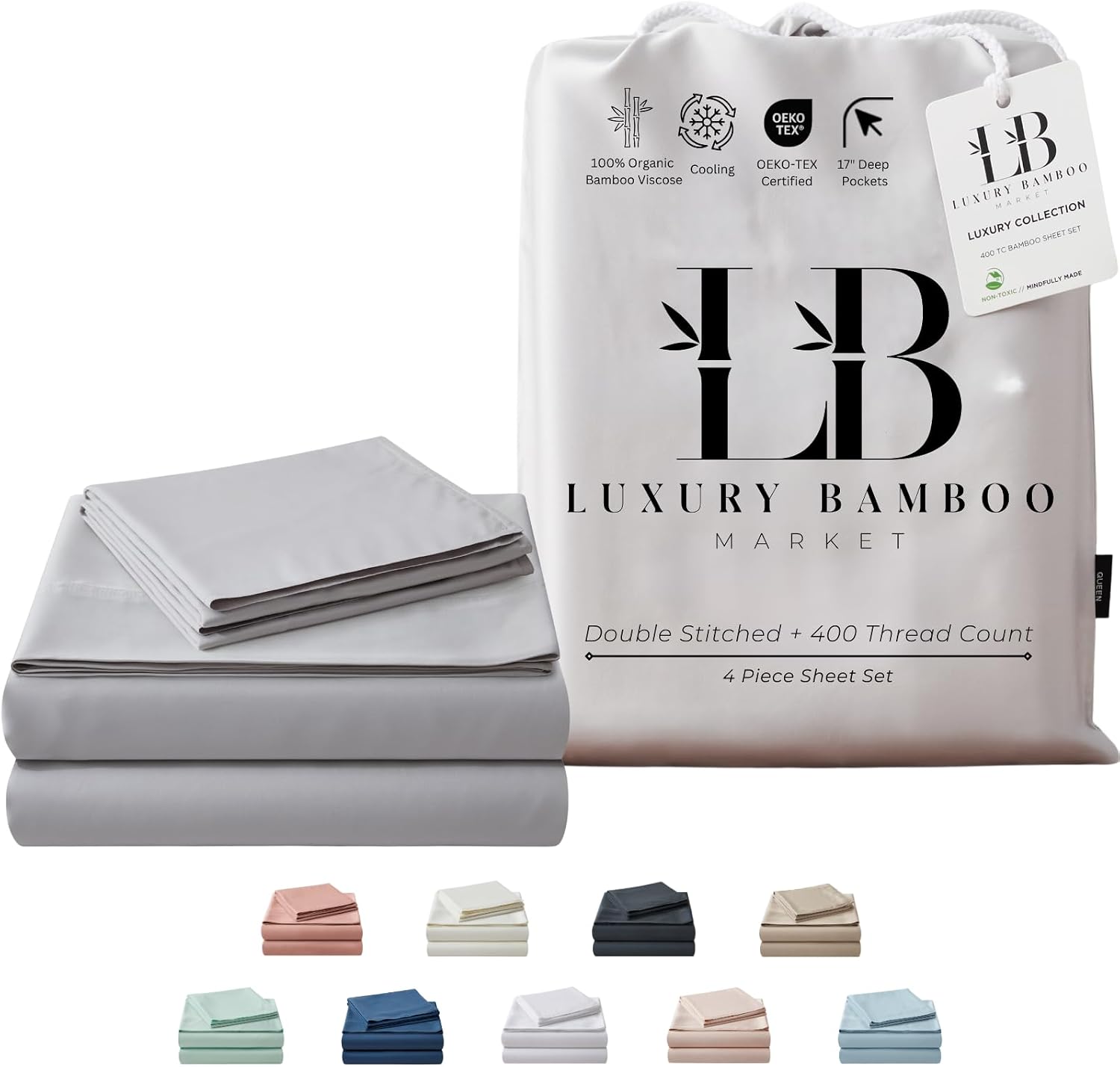 Luxury Bamboo Market | Queen Size Bed Sheet Set | 100% Viscose Made from Bamboo | Organically Grown | Ultra Soft | Cooling Sheets for Hot Sleepers | 17' Deep Pocket [Dove Grey]