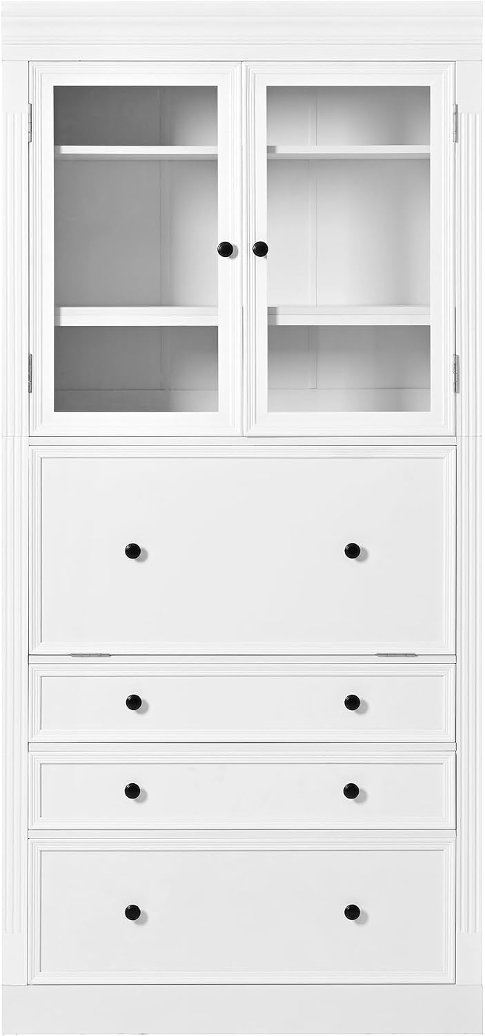78 inch Tall Kitchen Pantry Cabinet with 3 Drawers and Adjustable Shelves, Wood Storage Cabinet with Drop-Down Surface and Glass Doors for Dining Room and Living Room (White//3)