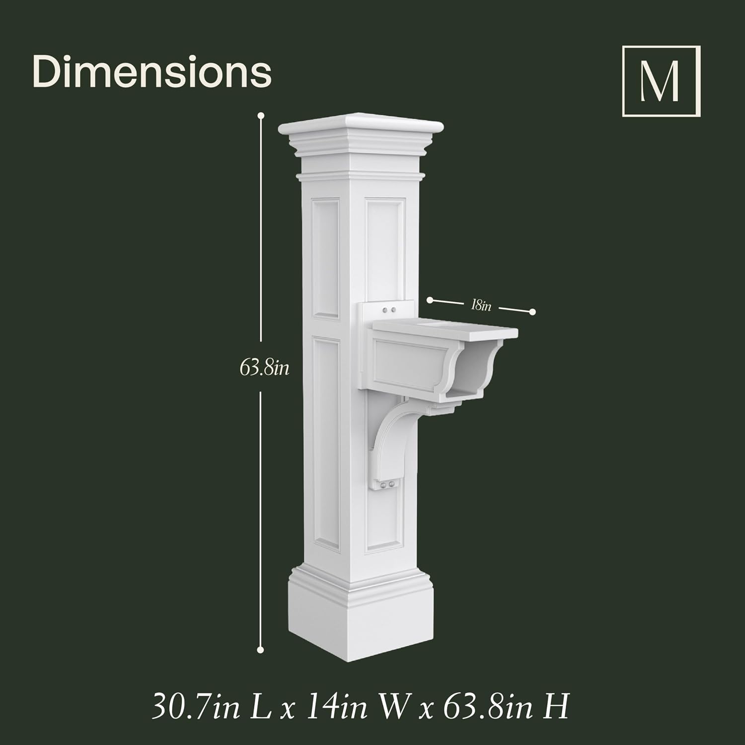 Mayne Inc. Liberty Single Arm Mail Post - White - 31in L x 14in W x 64in H - Liberty Post & Arm, Hardware Kit (5805-W)