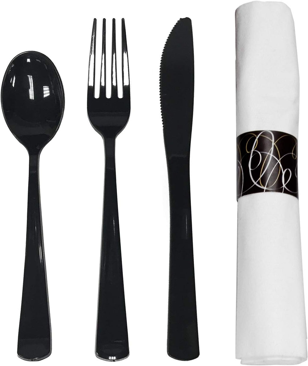 Party Essentials Party Supplies Wrapped Silverware Set Disposable, Pre Rolled Napkin and Cutlery, Spoons/Forks/Knives Black, 50 Units (Pack of 6)