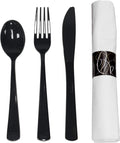 Party Essentials Party Supplies Wrapped Silverware Set Disposable, Pre Rolled Napkin and Cutlery, Spoons/Forks/Knives Black, 50 Units (Pack of 6)