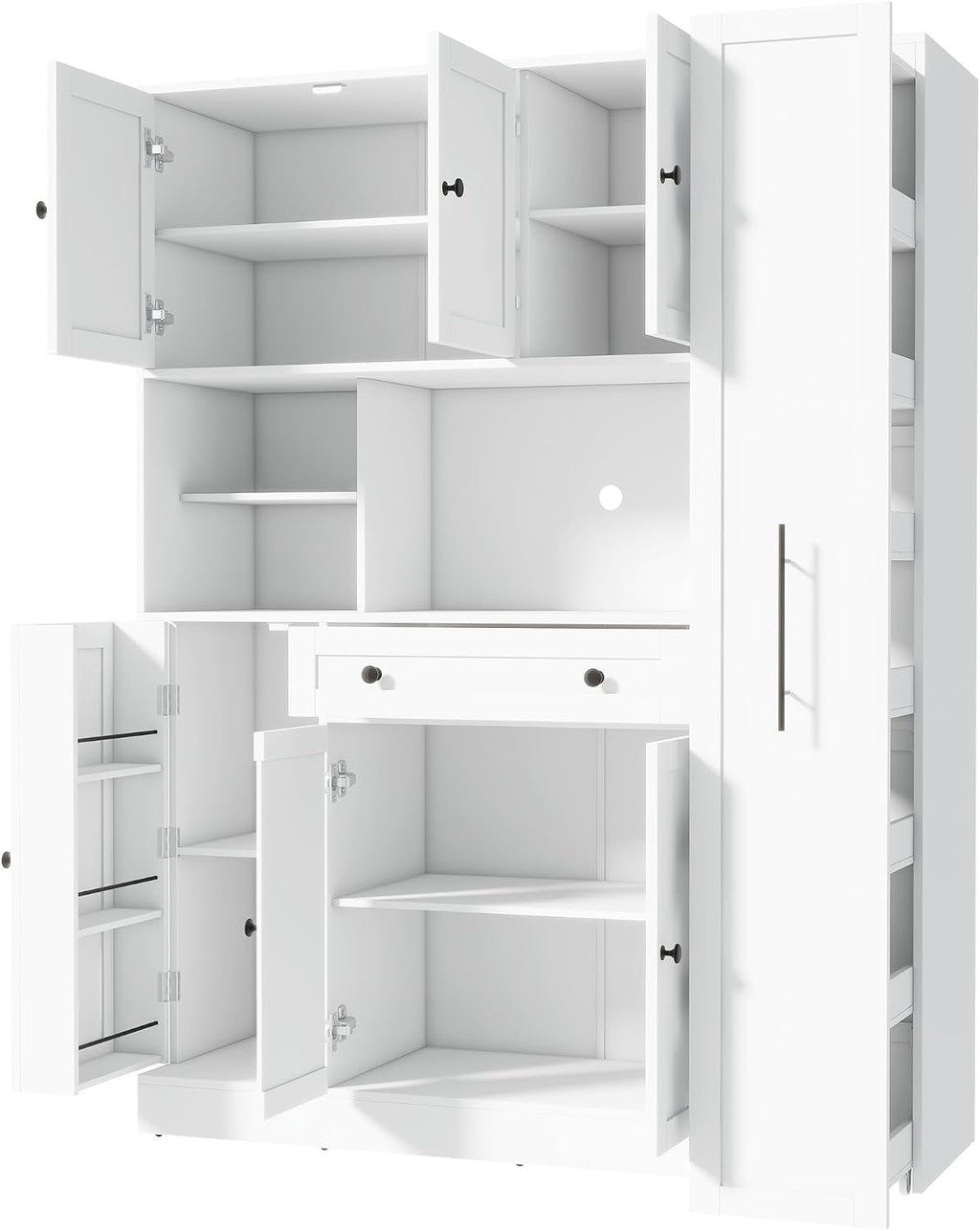 Modern 70inch Kitchen Pantry Storage Cabinet Cupboard with Hutch, Freestanding Buffet with Pull-Out Side Cabinet and Drawer for Living Room, Kitchen (White-99a)