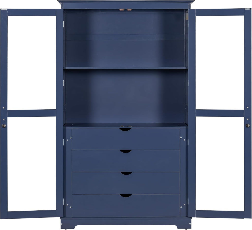 Modern 75inch Kitchen Pantry, Freestanding Kitchen Storage Cabinet Display Cabinet with Glass Doors and 4 Built-in Drawers for Living Room, Home Office (Blue-30r)