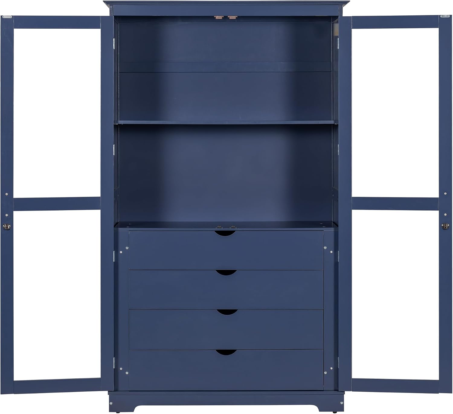 Modern 75inch Kitchen Pantry, Freestanding Kitchen Storage Cabinet Display Cabinet with Glass Doors and 4 Built-in Drawers for Living Room, Home Office (Blue-30r)