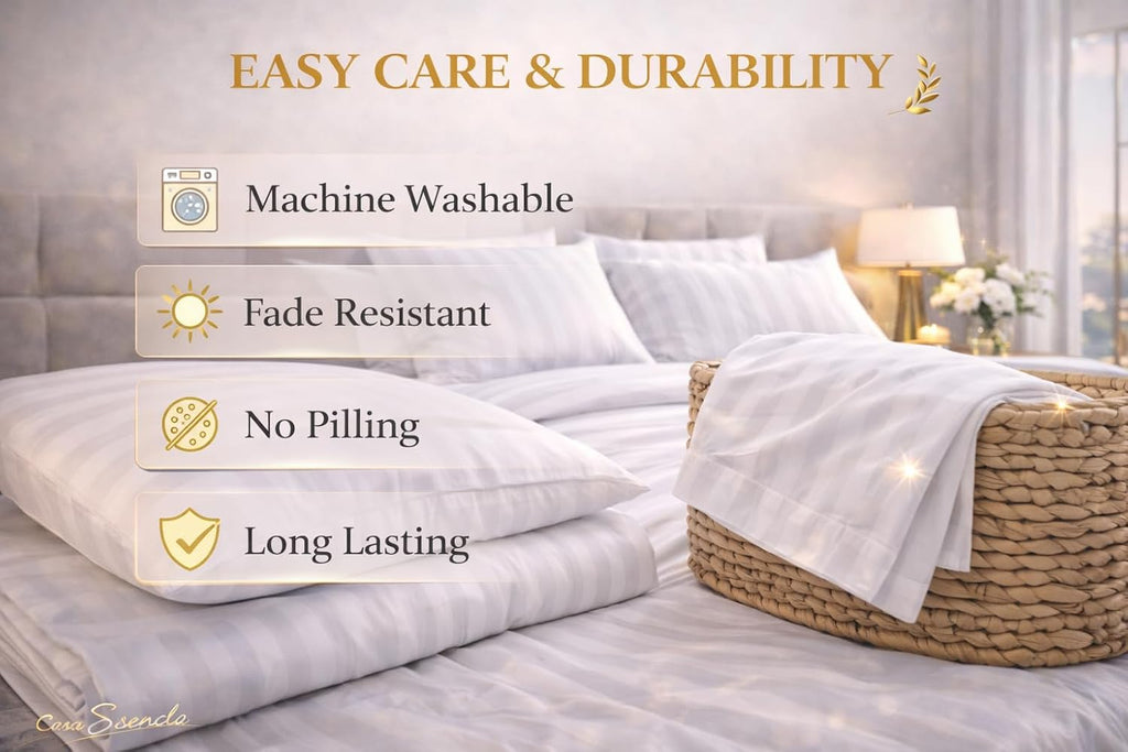 CASA ESENCIA 100% Egyptian Cotton Sheets Queen Size – 1000 Thread Count Luxury Hotel Sateen Weave Sheet Set, Soft & Breathable, 17' Deep Pocket, 4-Piece White Striped Bedding, All-Season Comfort