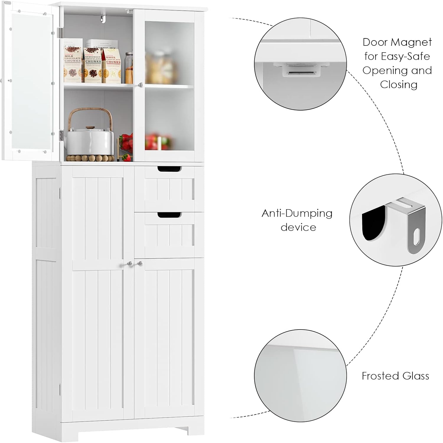 BOTLOG 67'' Tall Bathroom Storage Cabinet, Linen Cabinet with Glass Doors and Adjustable Shelves, Kitchen Pantry with 2 Drawers for Bathroom, Living Room, Dining Room, White