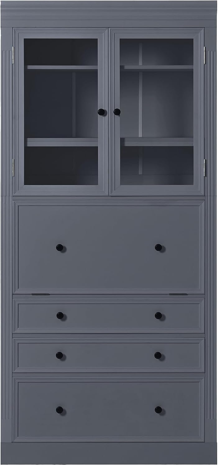 78 inch Tall Kitchen Pantry Cabinet with 3 Drawers and Adjustable Shelves, Wood Storage Cabinet with Drop-Down Surface and Glass Doors for Dining Room and Living Room (Grey//3)