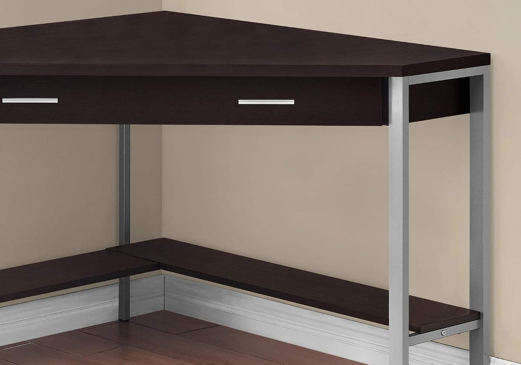Pemberly Row Corner Computer Desk, 42' L, Particle Board and Metal, Cappuccino and Silver Finish, 1 Drawer with Shelf, Traditional Style for Home Office or Apartment Workspace