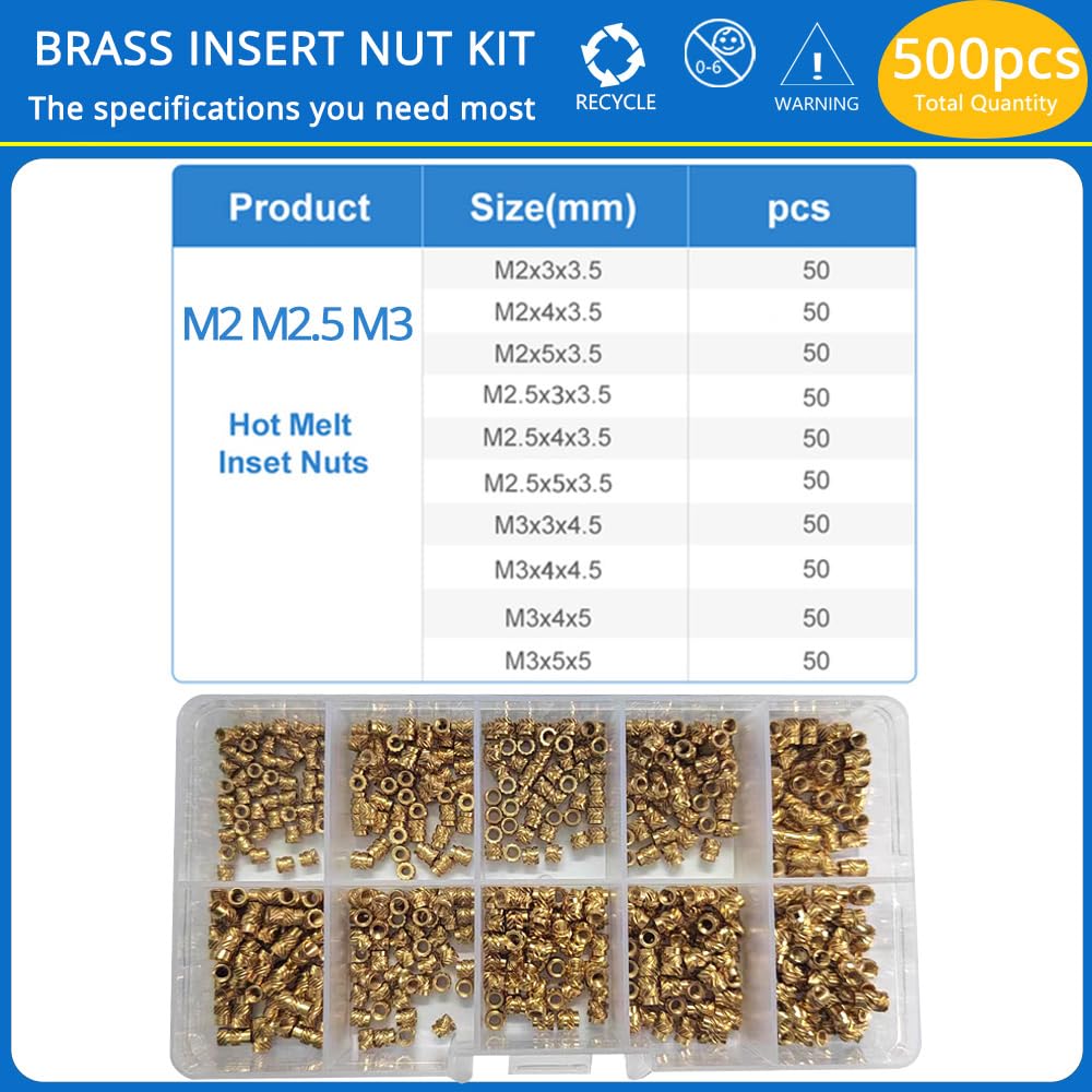 1set Threaded Inserts M2 M2.5 M3 M4 M5 M6 Heat Set Insert Nut Brass Hot Melt Knurled Double Twill Embedment Copper Nut Assortment Kit(M2-M4 1030pcs)