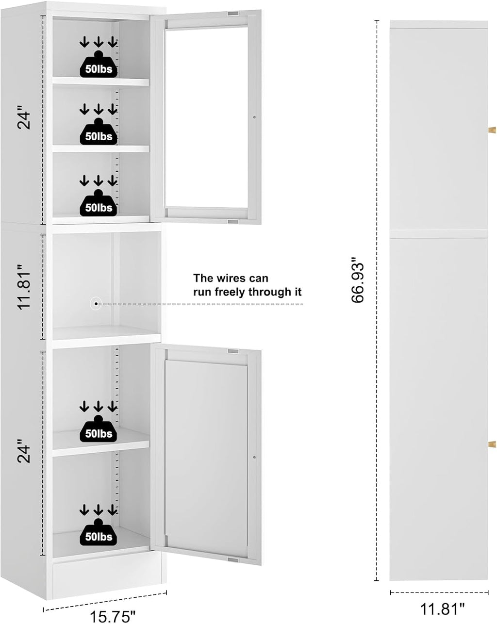 Bevivog Tall Bathroom Storage Cabinets,Slim Metal Cabinet with Open Shelf, Glass Display Door Freestanding Narrow Storage Organizers for Small Spaces,White Skinny Cabinets for Pantry,Living Room
