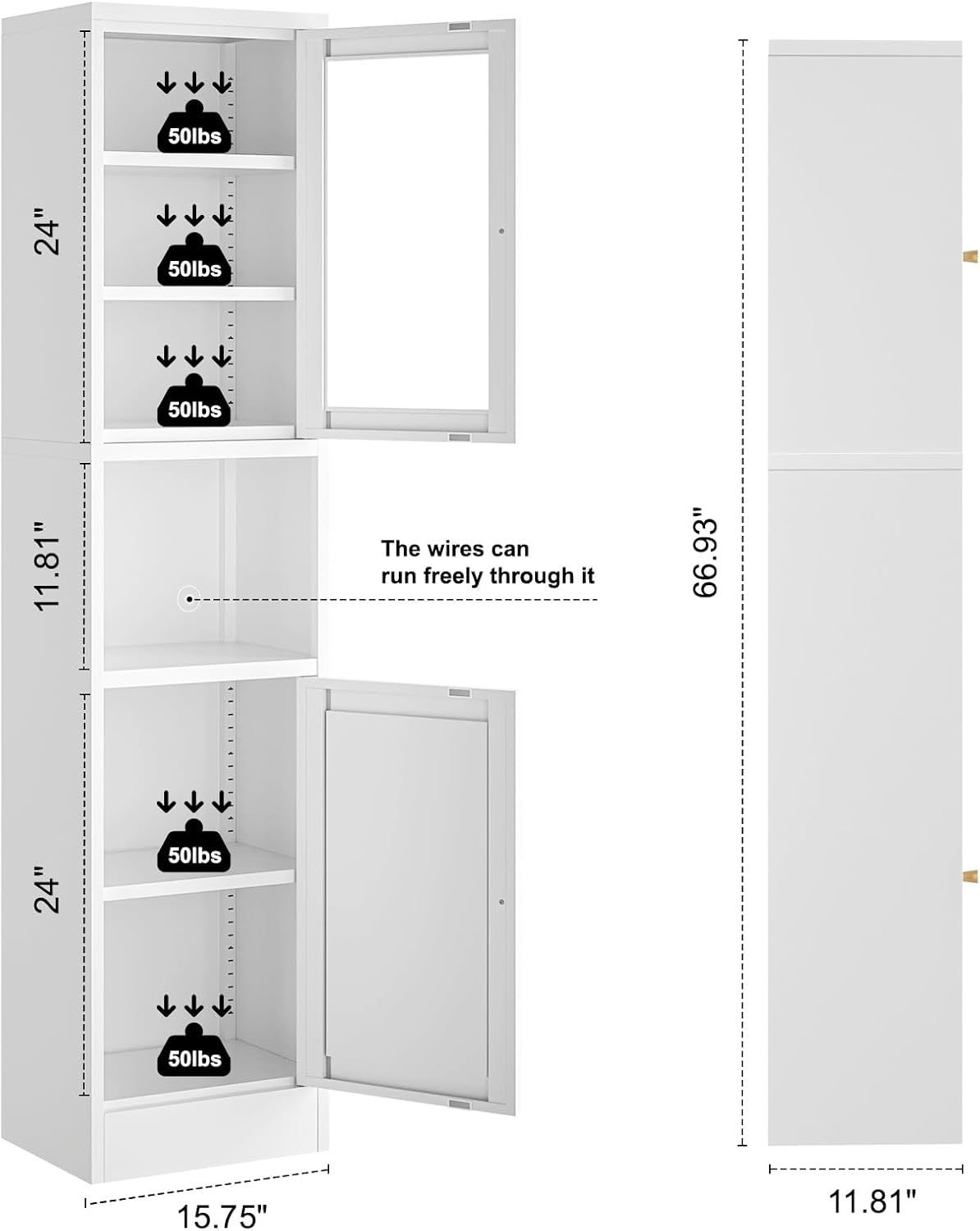 Bevivog Tall Bathroom Storage Cabinets,Slim Metal Cabinet with Open Shelf, Glass Display Door Freestanding Narrow Storage Organizers for Small Spaces,White Skinny Cabinets for Pantry,Living Room