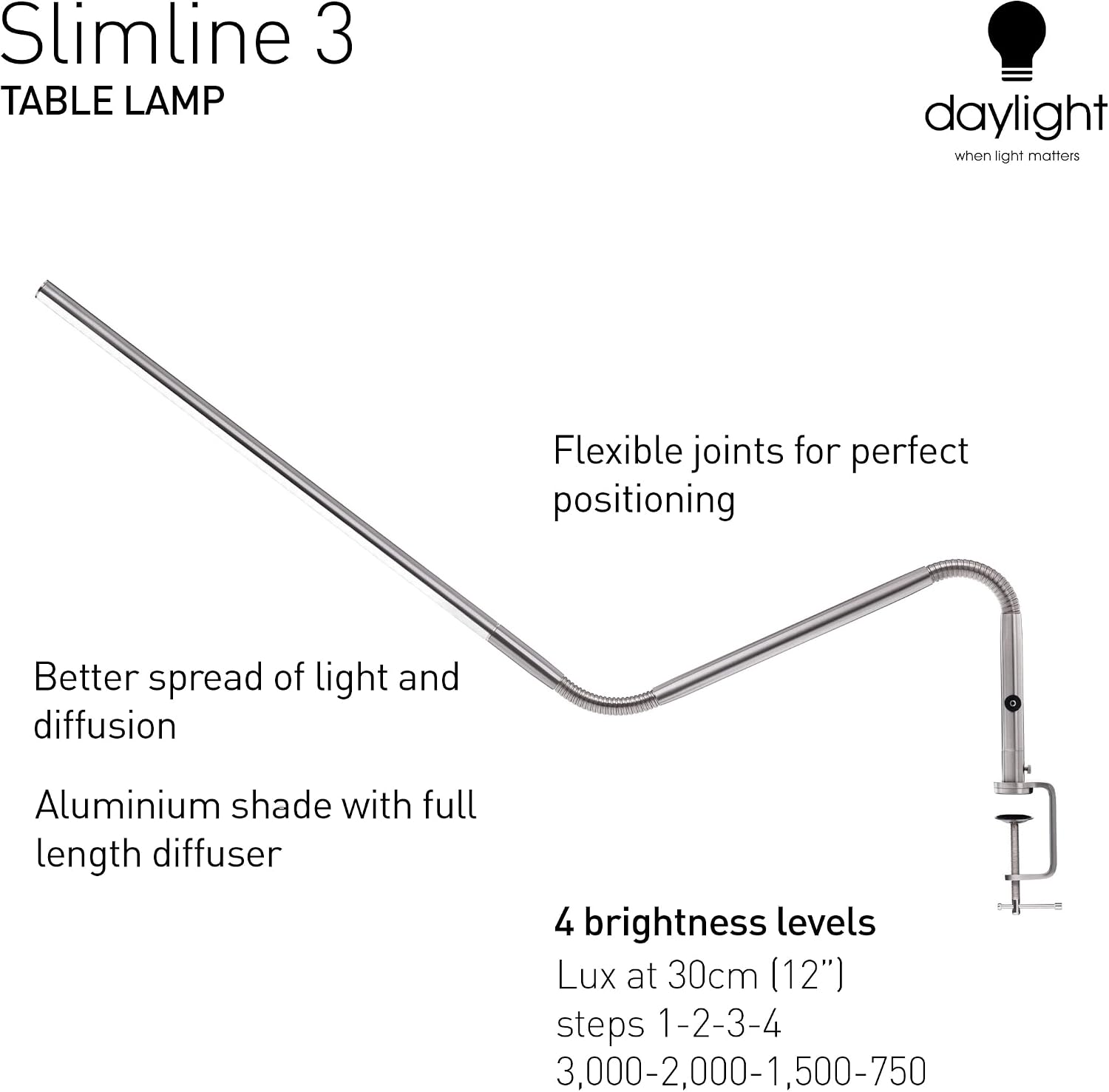 Daylight Company, LLC U35108 Slimline 3 Table Lamp-LED-80 CRI-Eye Care-4 Brightness Levels, 3,000 LUX at 30 cm, 1,065 LUMENS-4 Step DIMMER Mode, Brushed Steel, 25.6 x 30 x .8