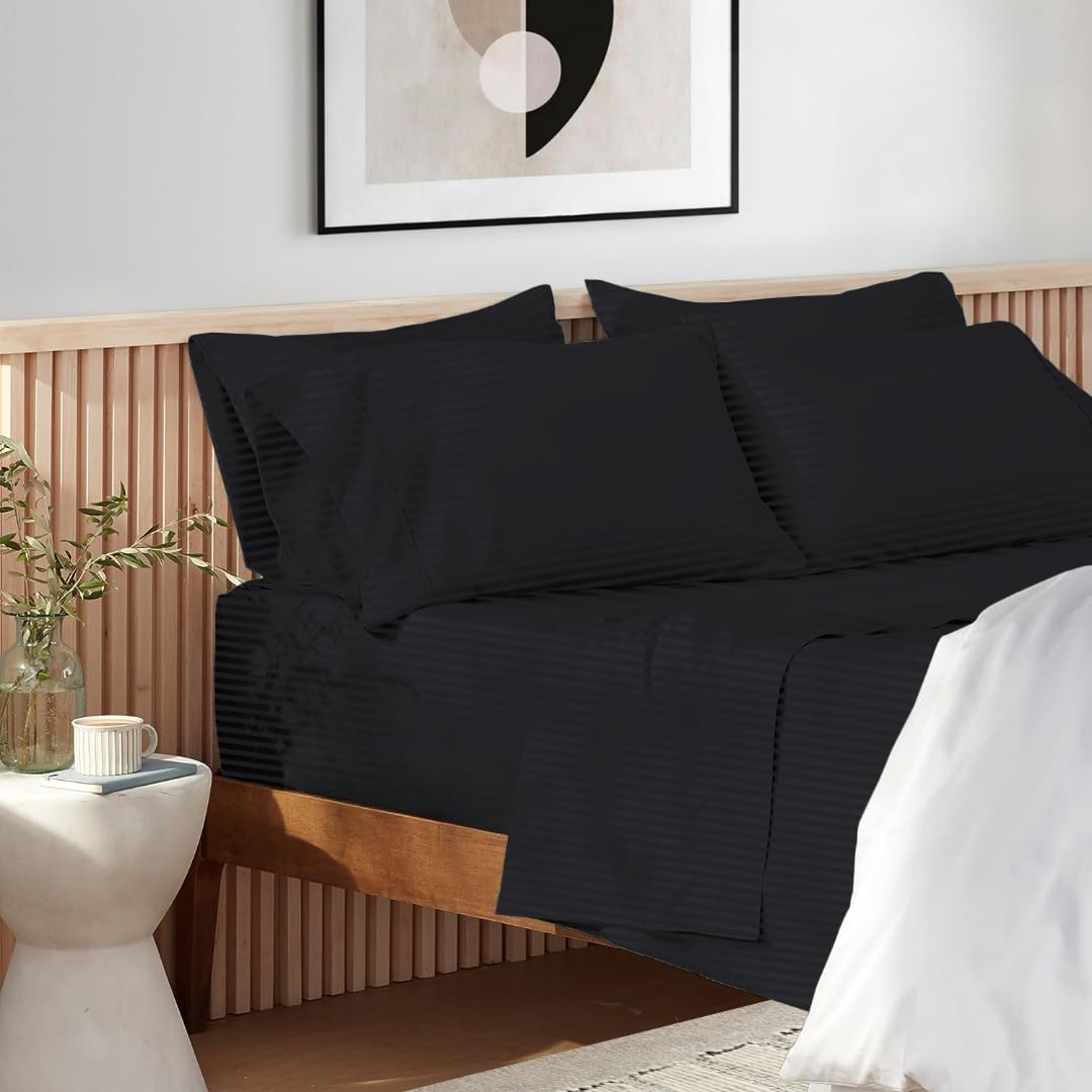 1000 Series- Extra Long Staple 100% Egyptian Cotton Sheet Set,Sateen Weave, Hotel Quality Soft Luxury Bedding, King Size 4 Piece Sheet Set Fit 9' Inch to 12' Deep Stripe Black