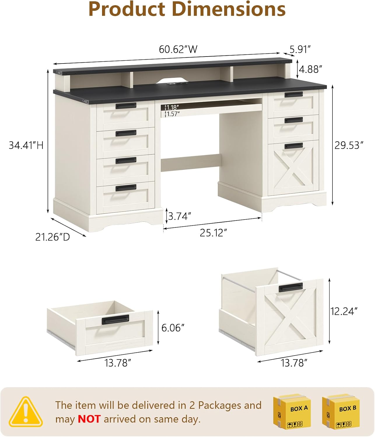 Farmhouse Executive Desk 60' Computer Desk with 8 Drawers and Power Outlets, Wood Home Office Desk with Keyboard Tray & Monitor Stand, Writing Desk Workstation for Bedroom Study, White and Black