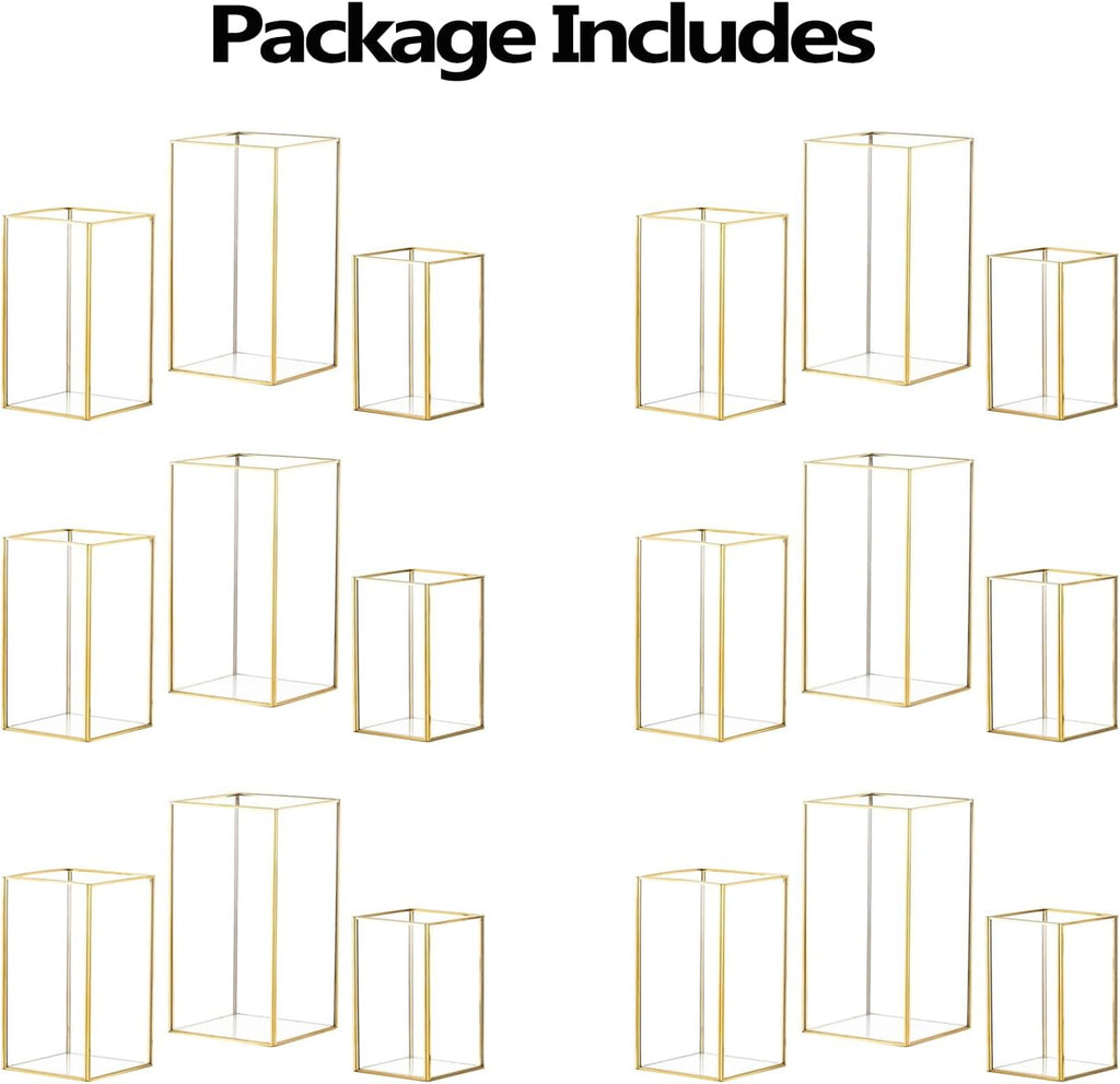 Hewory Glass Hurricane Candle Holder Set of 18, Gold Large Hurricane Centerpiece for Table, Tall Floor Square Pillar Candle Holders Lantern Set for Wedding, Anniversary, Party, Fireplace, Dining Room