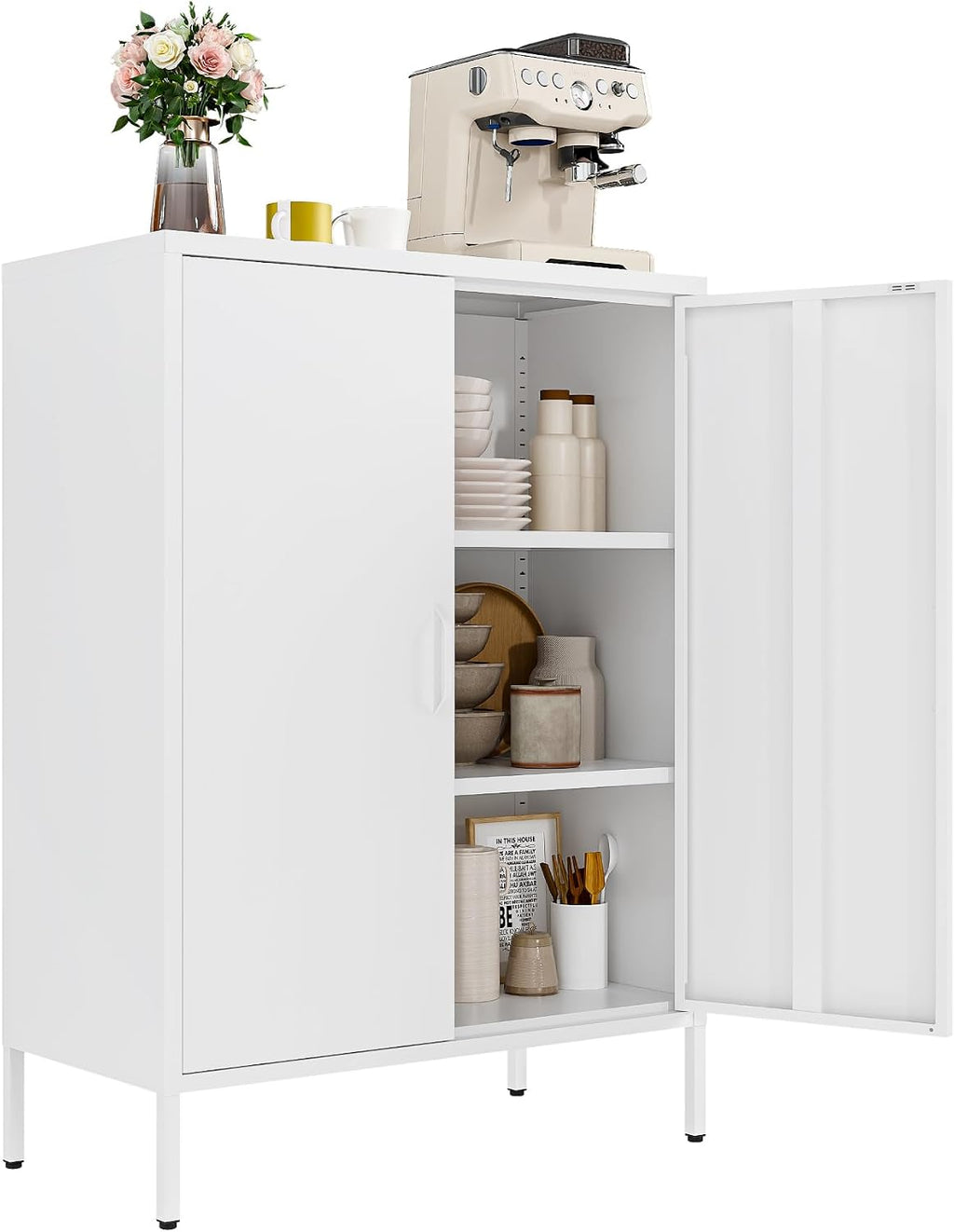 Metal Locker Cabinet, White Accent Storage Cabinets with 2 Doors And Adjustable Shelves, 3 Tier Modern Storage Freestanding Sideboard for Living Room,School,Office Home Kitchen (White, 2Doors-40'H)
