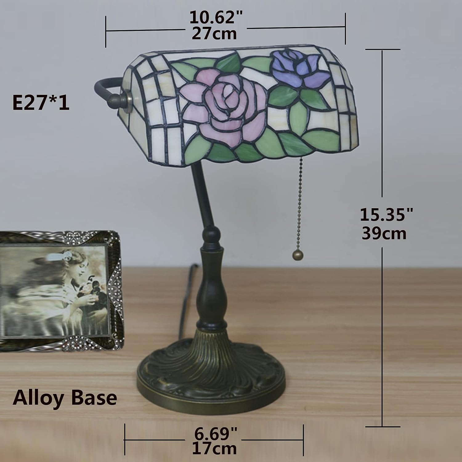 Tiffany Style Bankers Table Lamp Stained Glass Piano Desk Lamp Vintage Bedroom Bedside Lamp for Study,Antique Alloy Base,Zipper Switch,Rose d