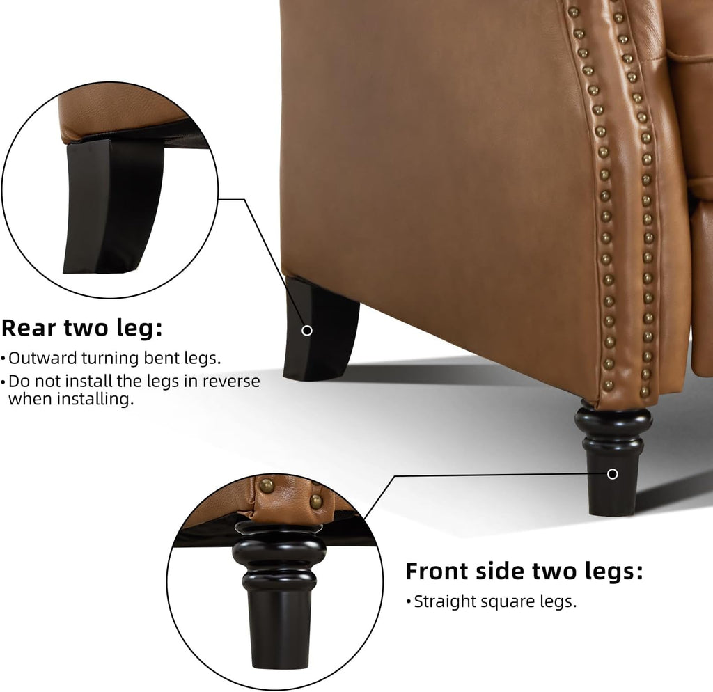 CANMOV Push Back Recliner Chair, Genuine Leather Pushback Reclining Chair with Padded Seat, Wingback Recliner with Rivet Decoration Single Sofa Recliner for Living Room Apartment, Brown