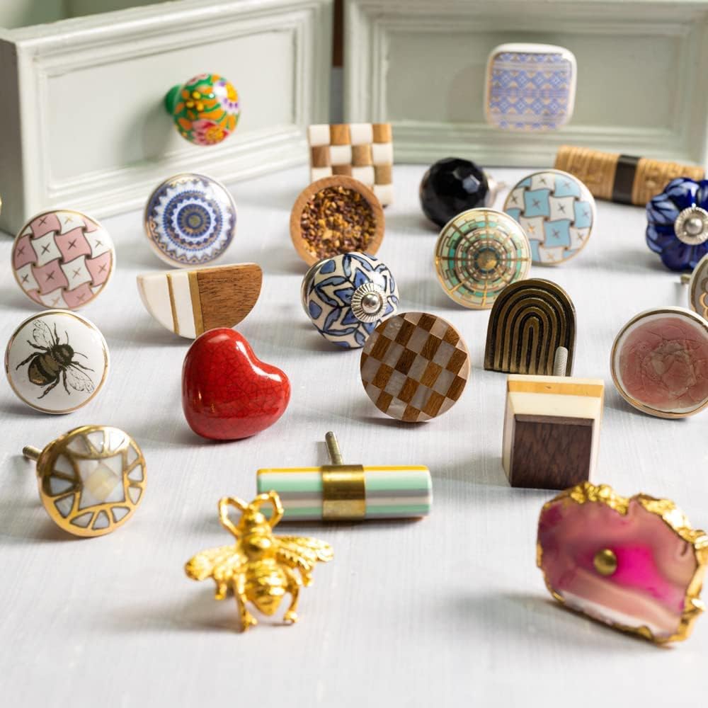 Indian Shelf Handcrafted 18 Piece Stephen Gold Mother of Pearl Brass Modern Dresser Handles Drawer Knobs Cabinet Pulls Elegant Style
