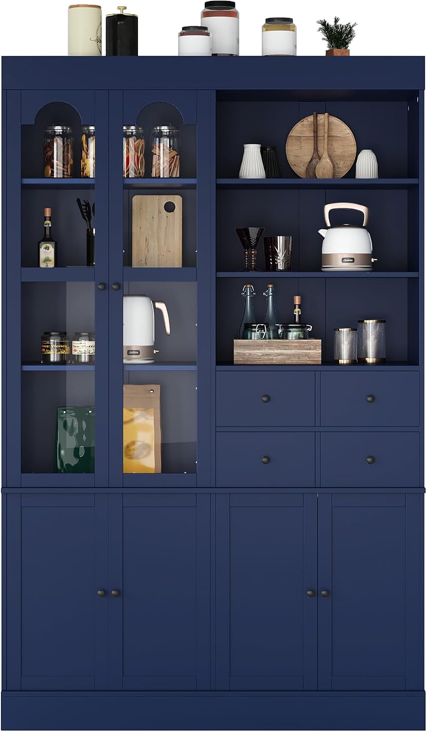 Modern 75inch Tall Kitchen Pantry Storage Cabinet with 4 Drawers, Freestanding Buffet Cabinet with Door Shelves and Pull-Out Trays for Dining Room, Living Room (Blue/32r)