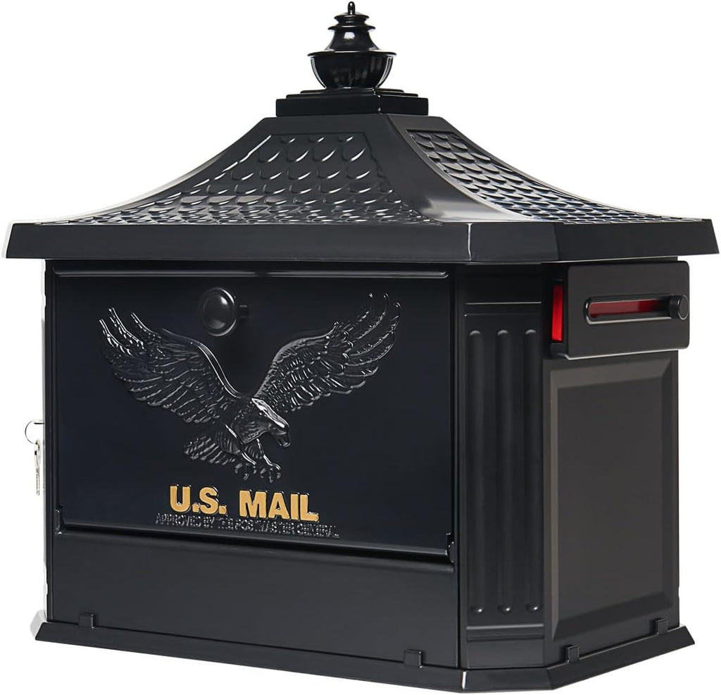 Architectural Mailboxes Hamilton™ Secure, Locking USPS Approved Heavy Duty, Cast Aluminum Metal Post Mounted Mail Box for Outside, Black Large Curbside Mailbox with Magnetic, Lockable Double Doors
