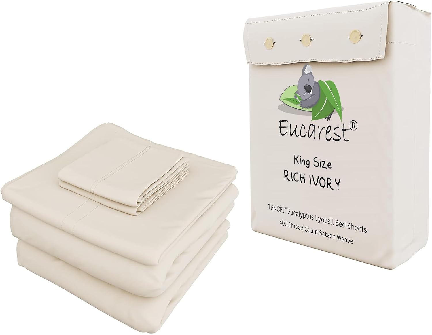 Eucalyptus Lyocell Bed Sheets, Hypoallergenic 100% Organic Tencel, Thermal Regulating and Moisture Wicking for Hot Sleepers, Superior Thread Quality, Extra Deep Pockets King Size - Ivory