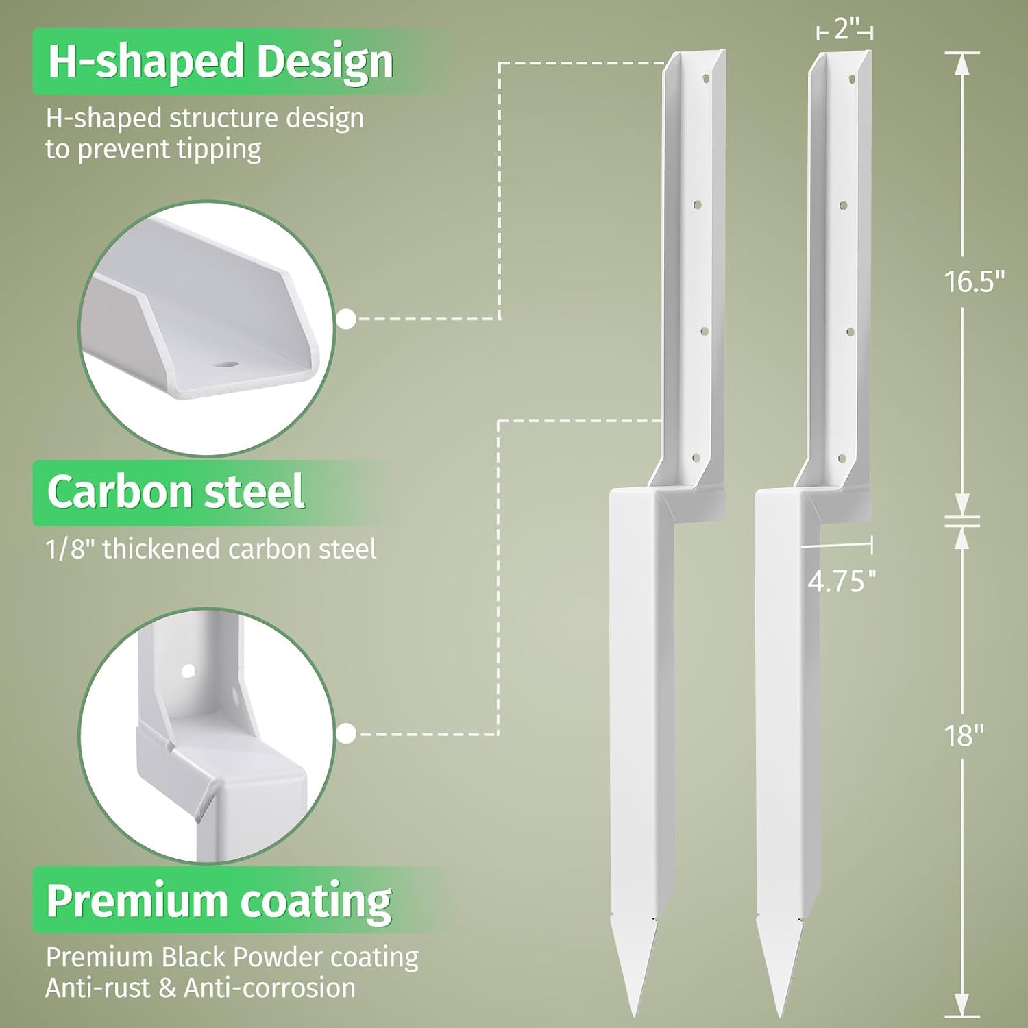 Fence Post Repair Stakes Kit – 1/8' Thickened Carbon Steel One-Piece Structure, Heavy Duty Ground Anchor Stake for Repairing or Reinforcing Broken/Leaning Privacy Fence & Mailbox Post, White, 4-Pack